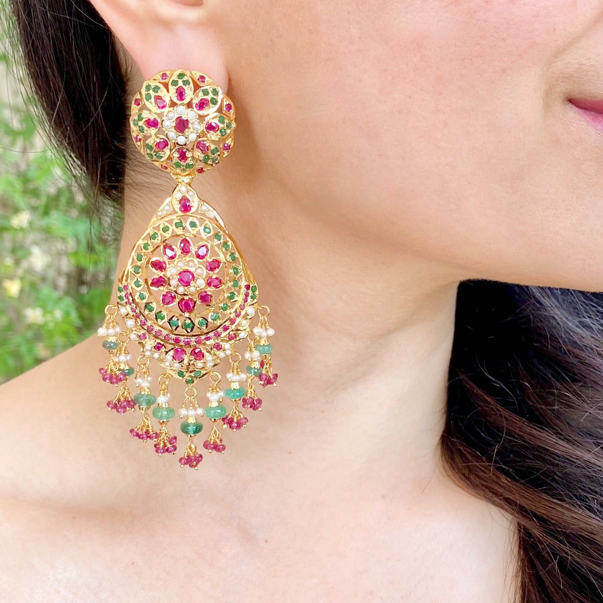 Statement Gold Plated Jadau Earrings with Ruby Emerald Hangings ER 442