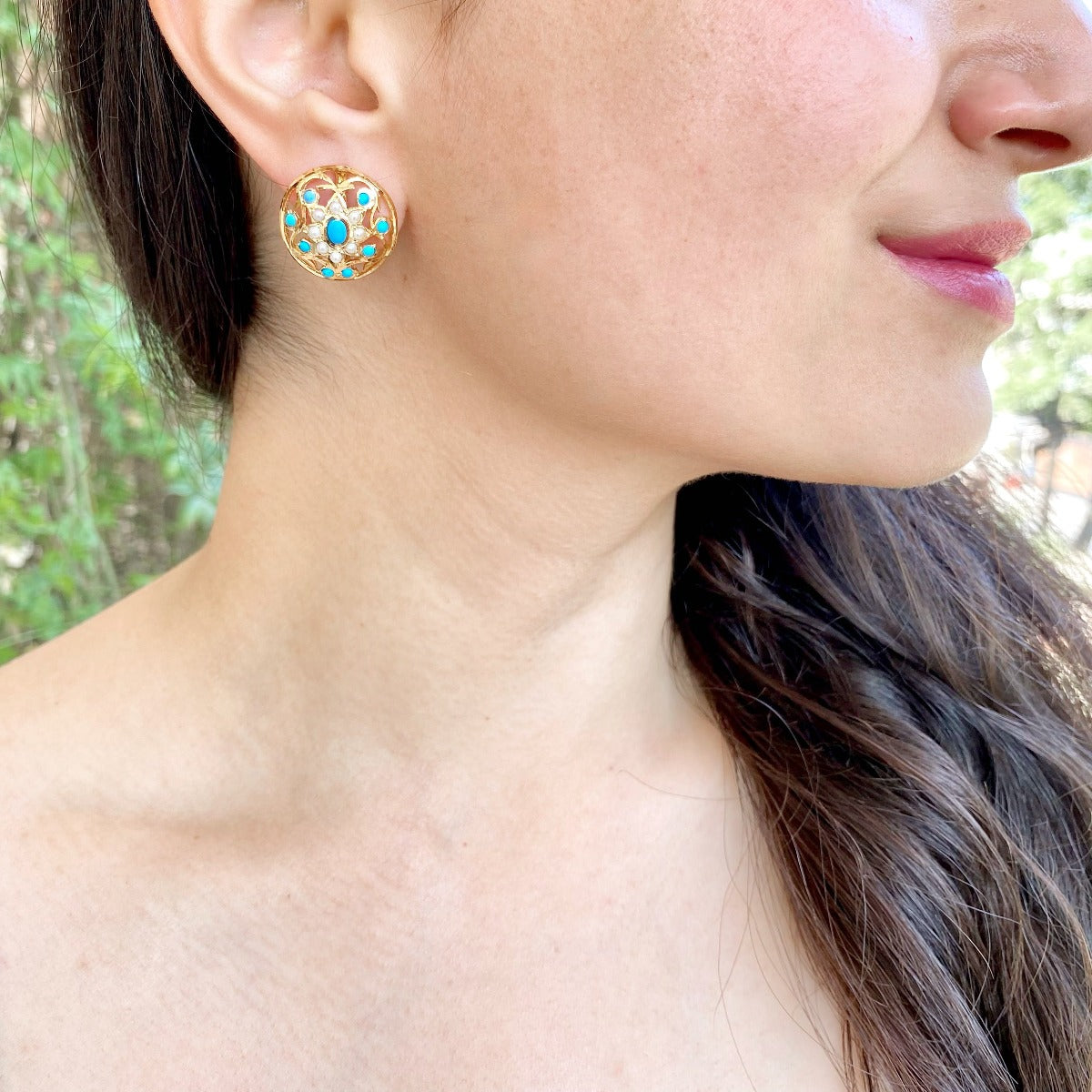 Copper Turquoise Gemstone Gold Earrings - Saffron Semi Precious Stud