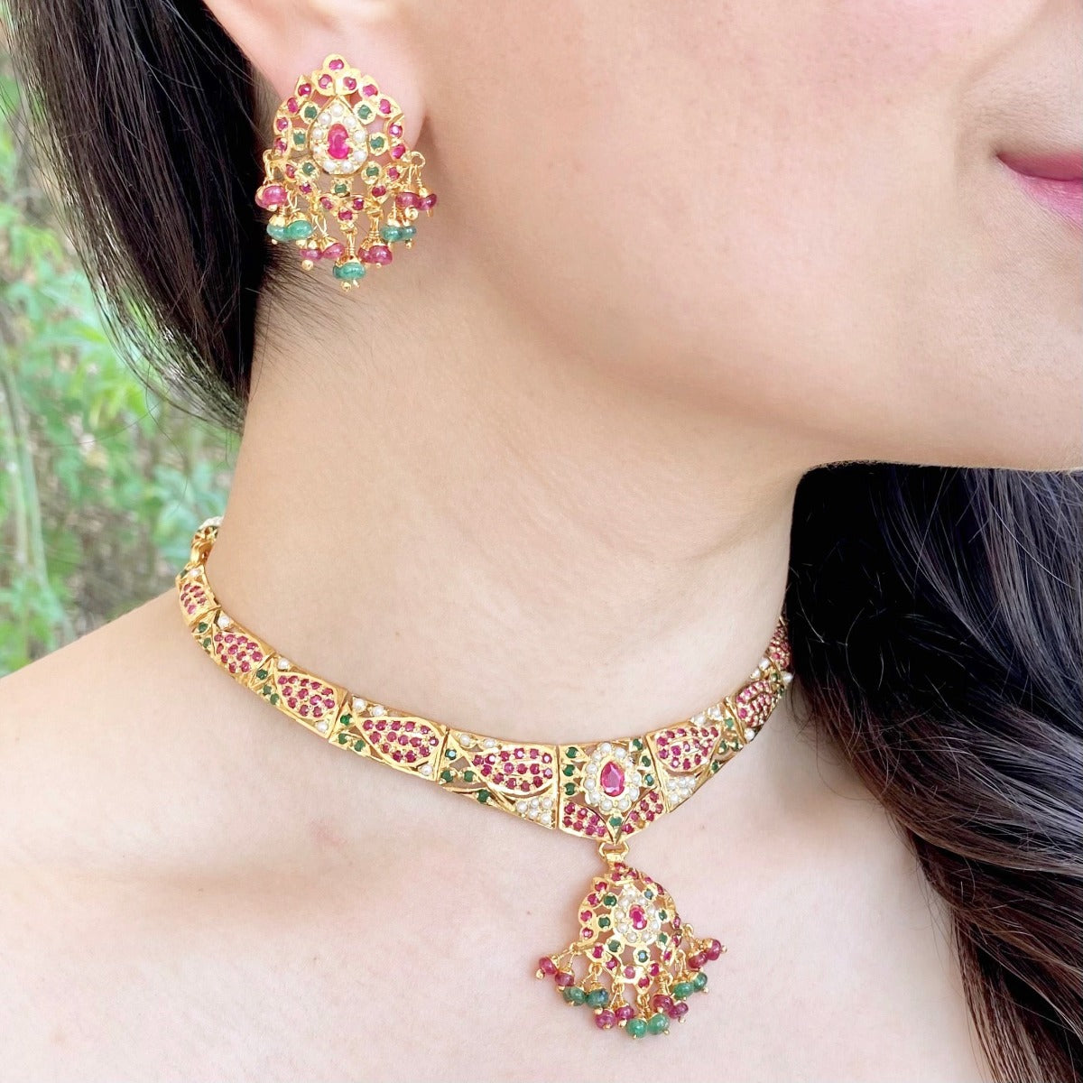 Delicate Multicoloured Jadau Necklace Set in Gold Plated Silver NS 185