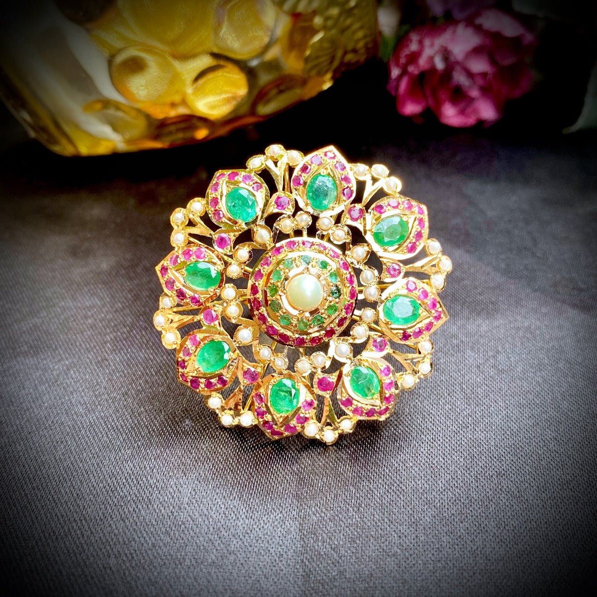 Emeralds Punctuated Jadau Cocktail Ring in 22K Gold GLR 007