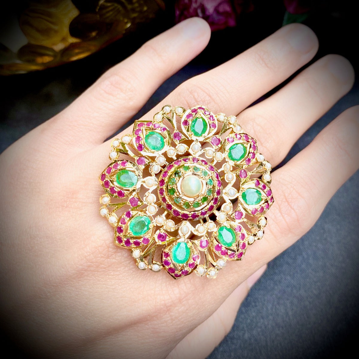Emeralds Punctuated Jadau Cocktail Ring in 22K Gold GLR 007