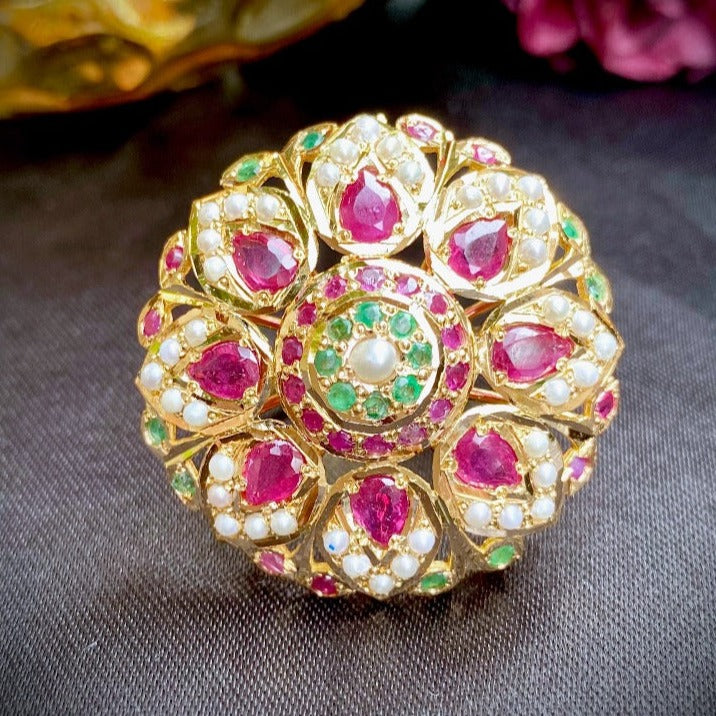 heritage gold ring for women studded with rubies emeralds and pearls
