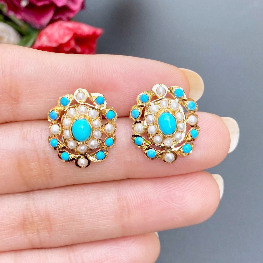 Pearl & Turquoise Studs | 22K Gold | Firoza Tops GER 050A