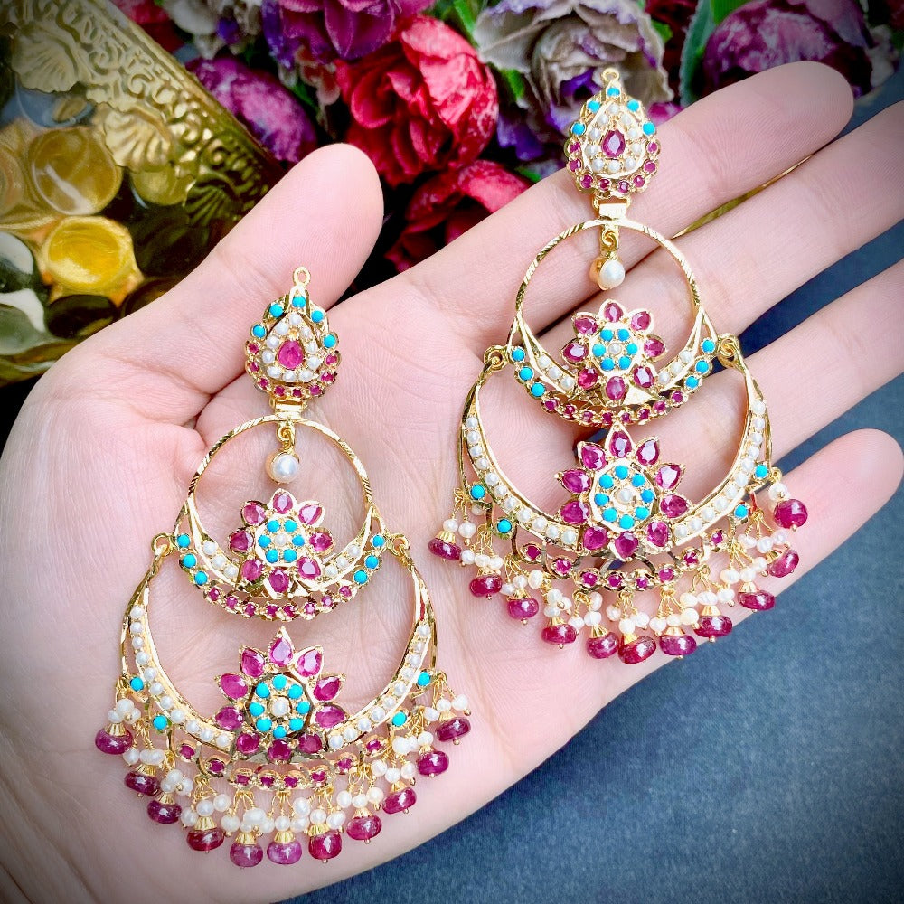 Multicolored Chandbali Earrings in 22K Gold Jadau GER 008