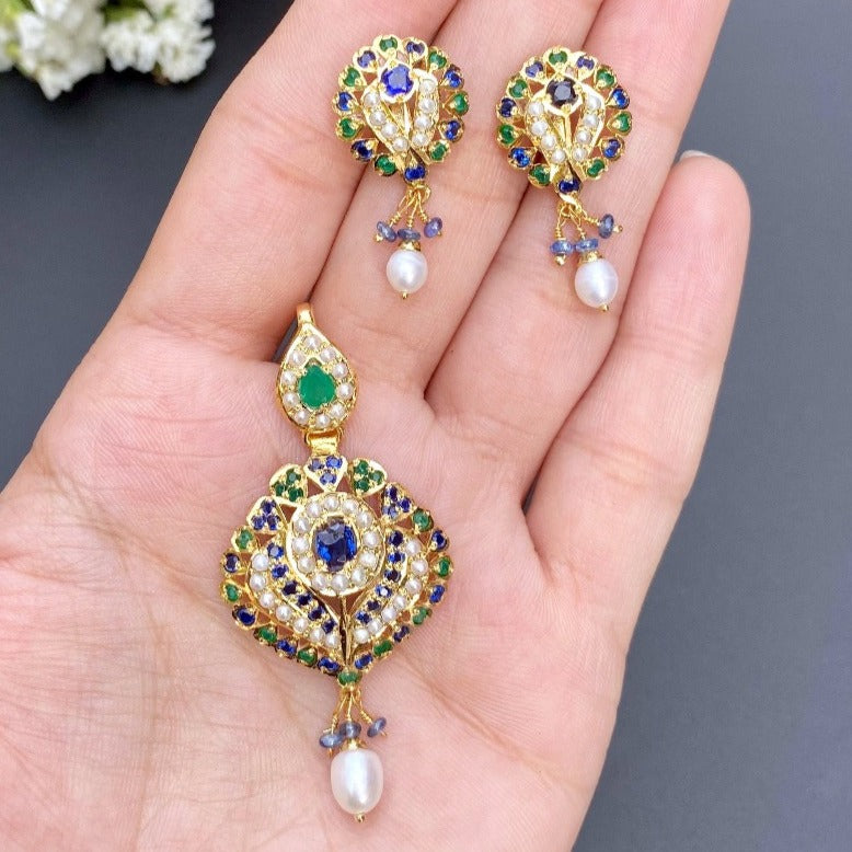 Multicolored Jadau Pendant Set in Gold Plated Silver PS 010