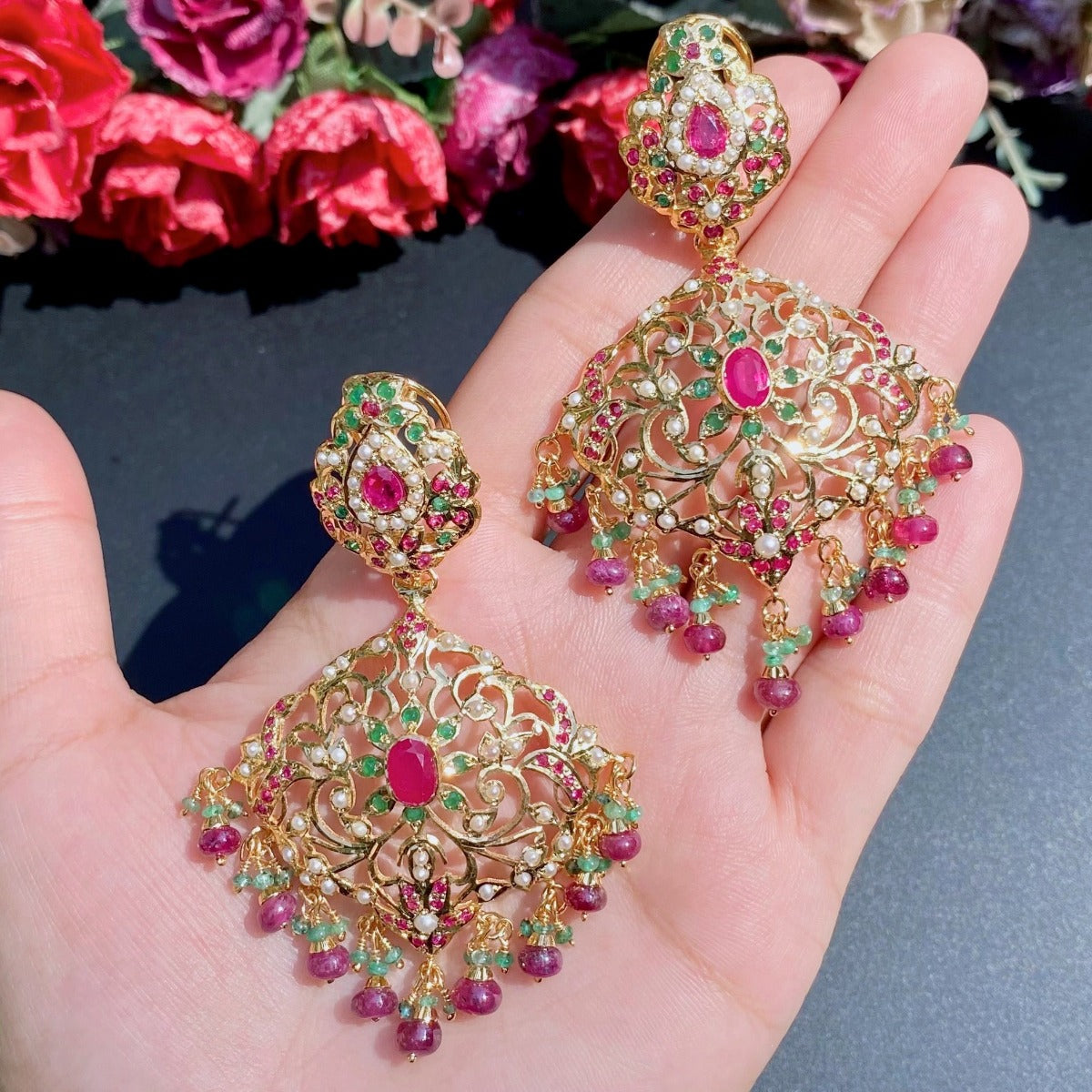 ruby emerald earrings in silver with gold plating