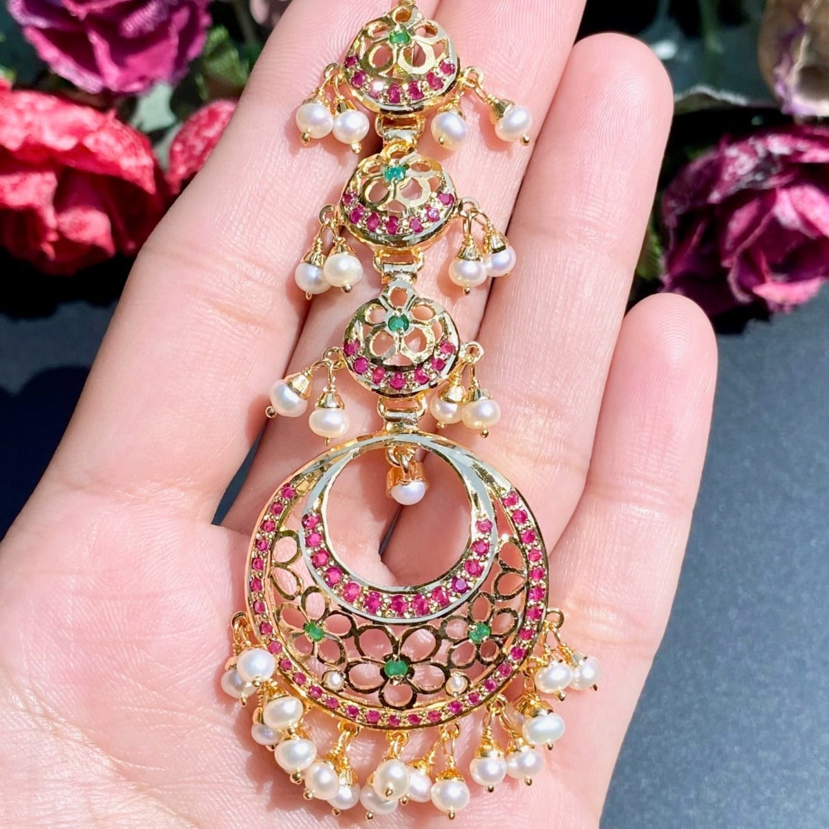 ANIX Meenakari Kundan Chandbali Earrings, Pink