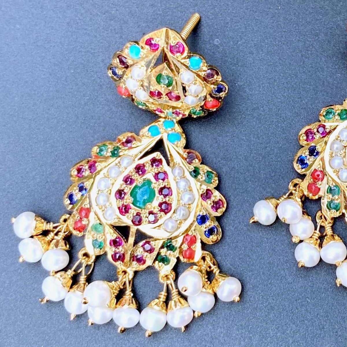 Gold Plated Navrattan Earrings in Silver ER 394
