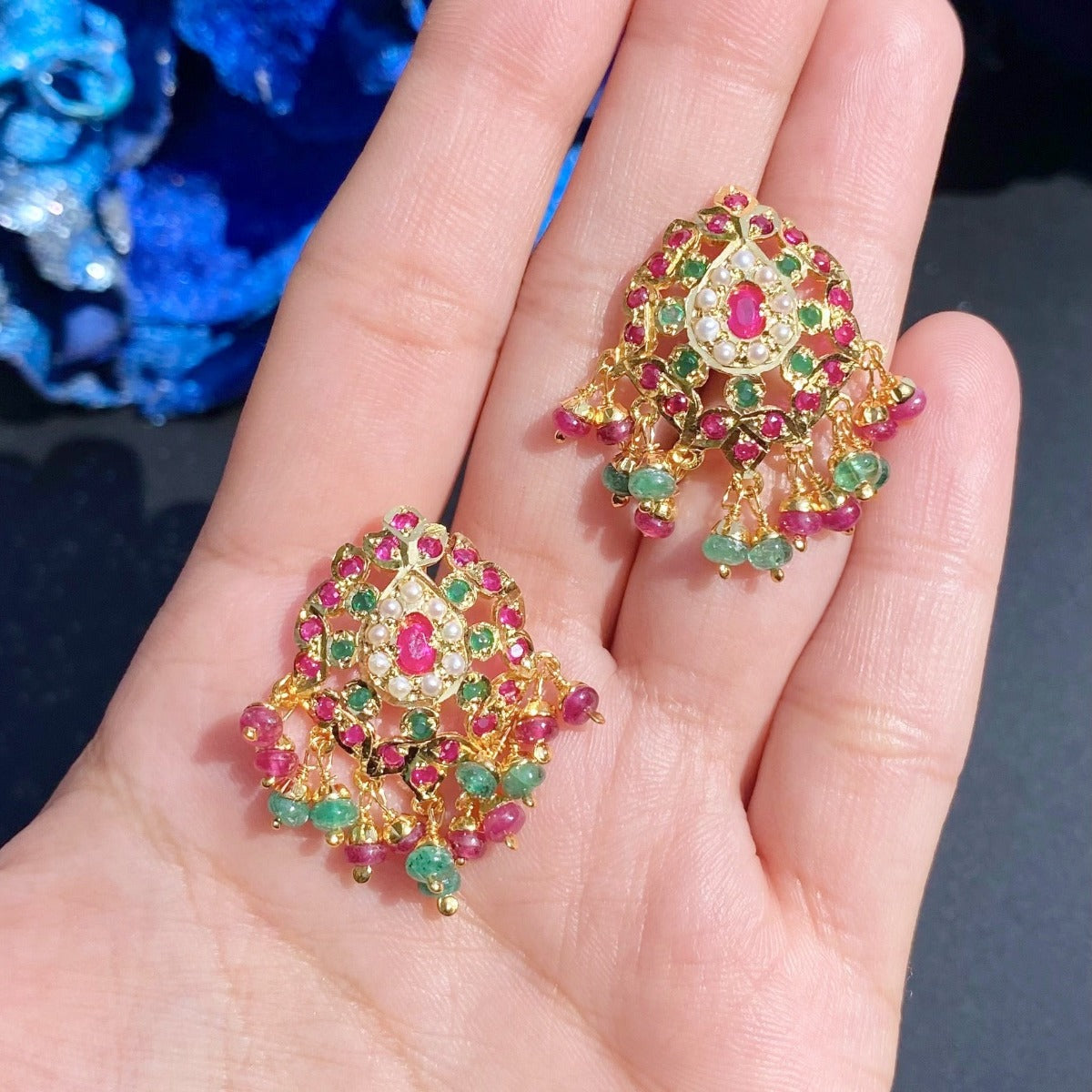 gold plated earrings in ruby emerald