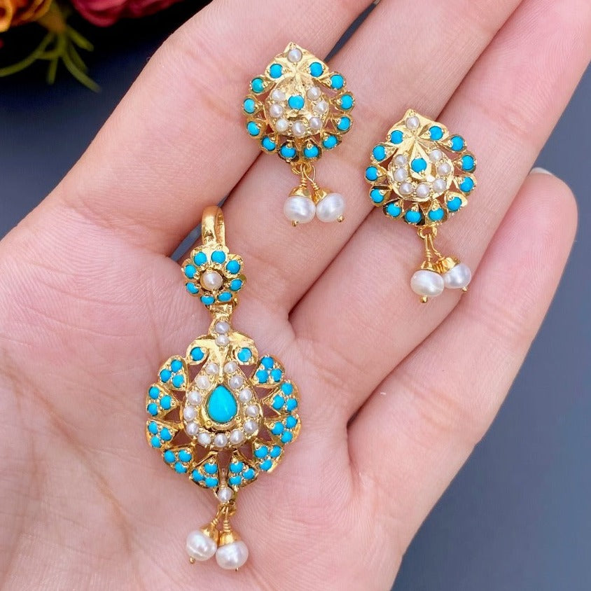 Turquoise Pearl Pendant Set in Gold Plated Silver PS 086