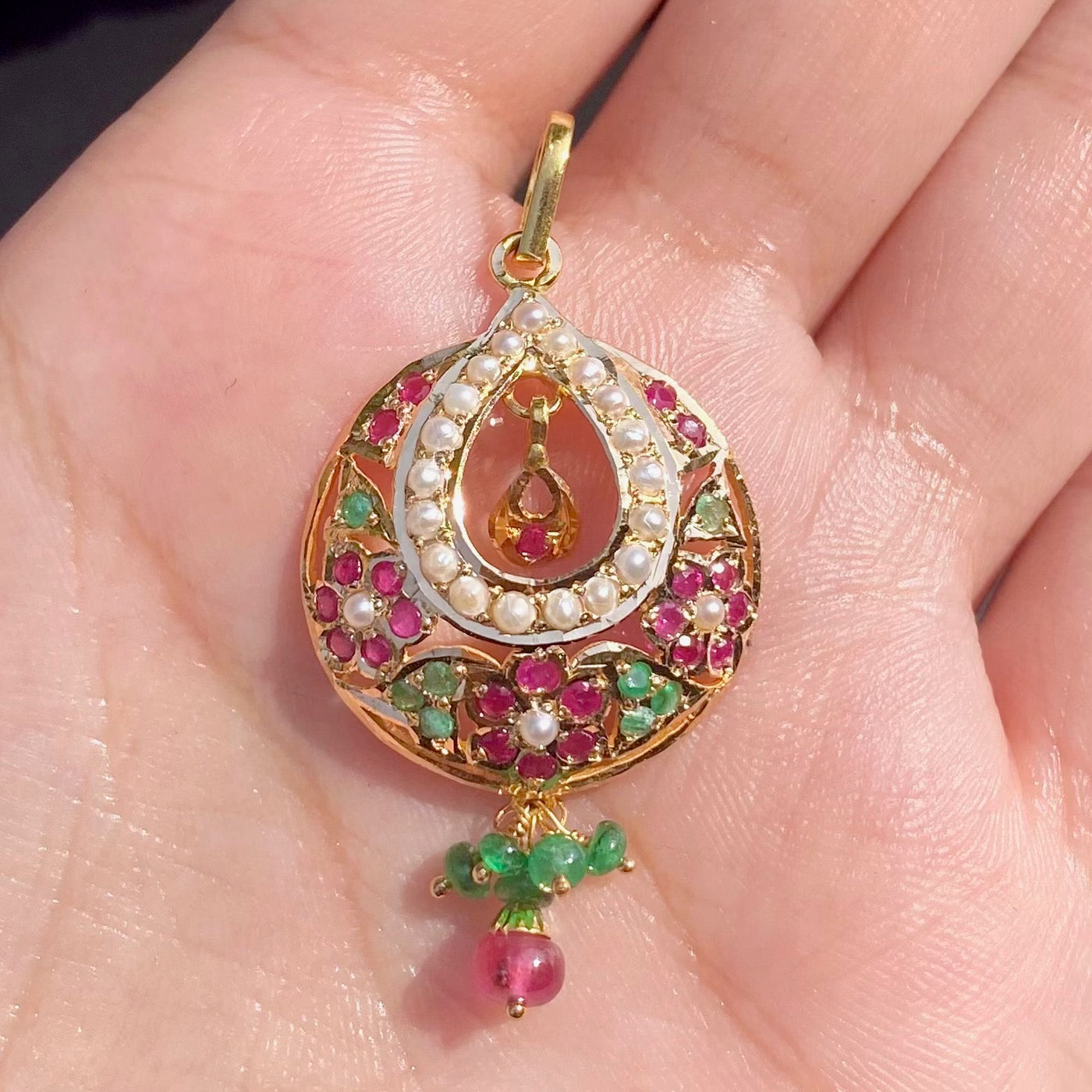 Delicate Pendant Only in 22k Gold Studded with Rubies, Emeralds and Pearls GP 003