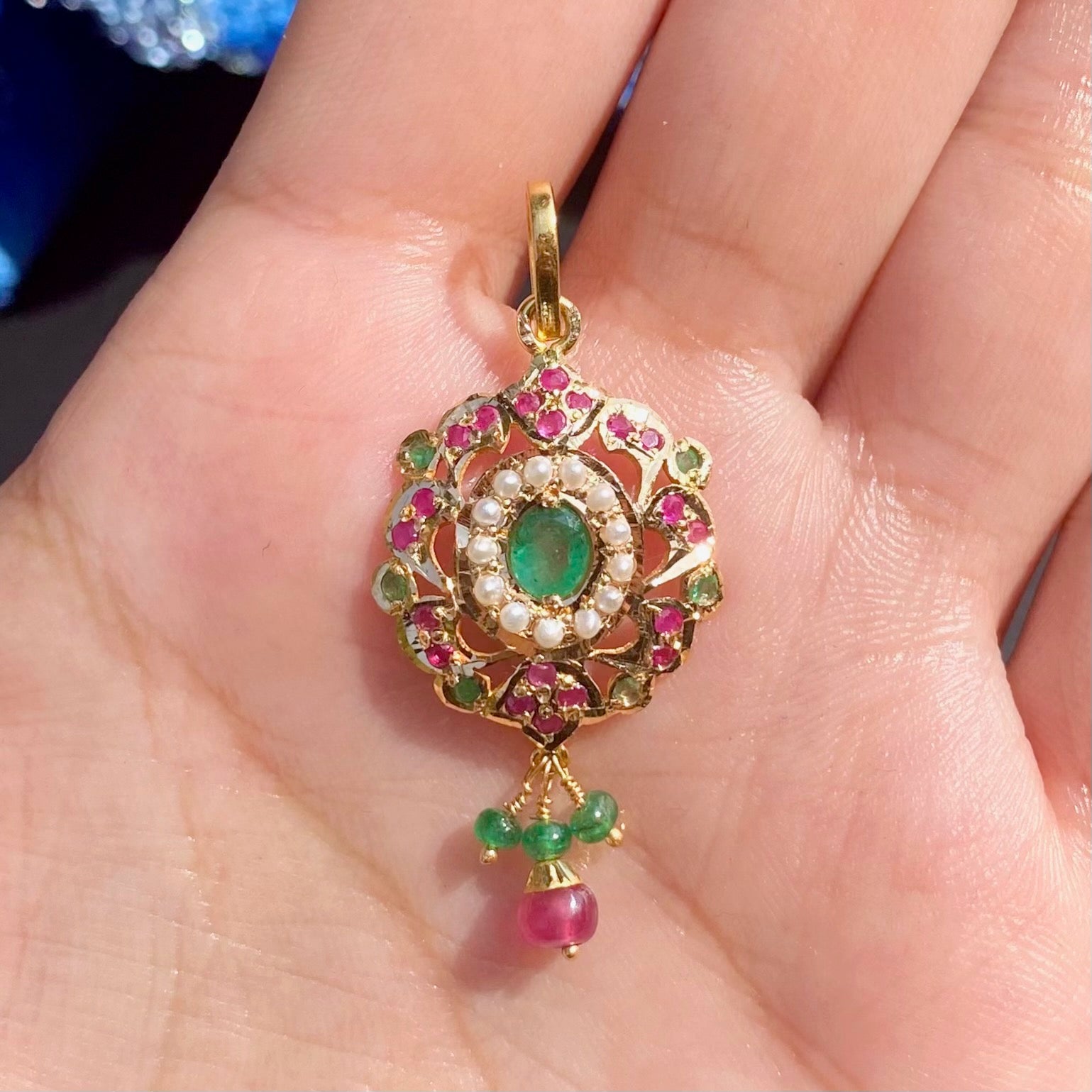 Delicate Pendant Only in 22k Gold Studded with Rubies, Emeralds and Pearls GP 004