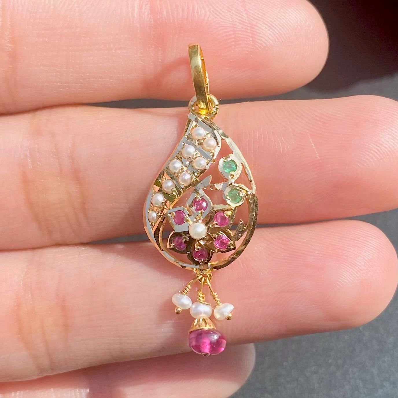 Delicate Ruby-Pearl Pendant only in 22k Gold studded with Precious Stones GP 008