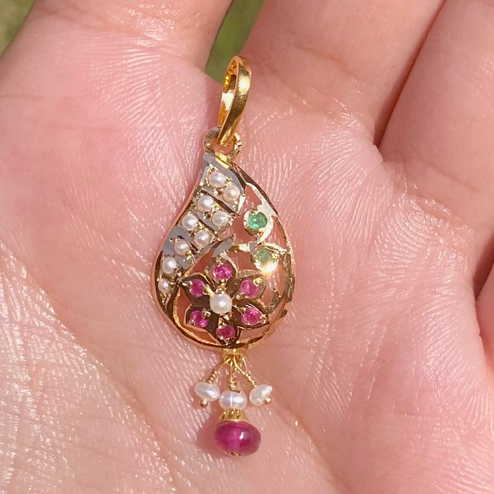 Delicate Ruby-Pearl Pendant only in 22k Gold studded with Precious Stones GP 008