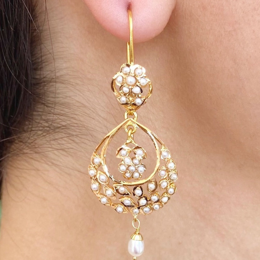Light Weight Hyderabadi Pearl Chandbali Earrings in 22k Gold Handcrafted using Traditional Jadau Jewelry making Technique GER 049