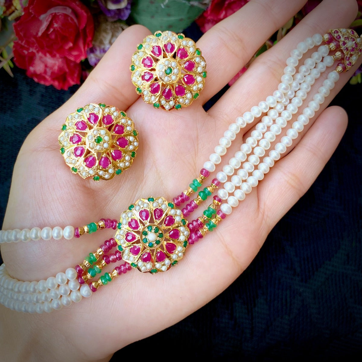 delicate jadau choker set in ruby emerald pearls