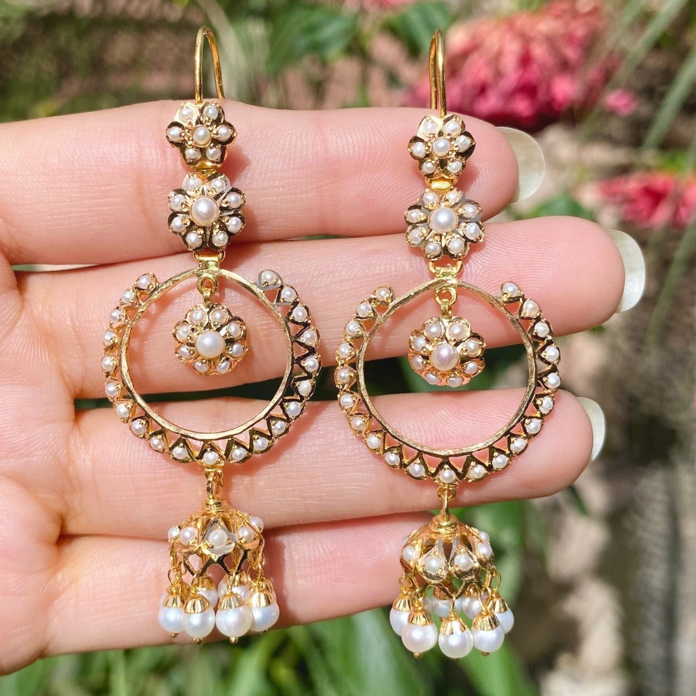 light weight chandbalis in gold studded with pearls