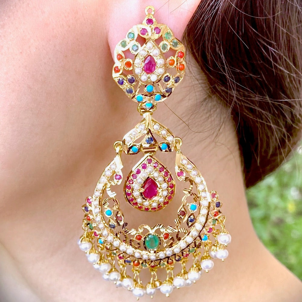 navratna chandbali earrings in gold