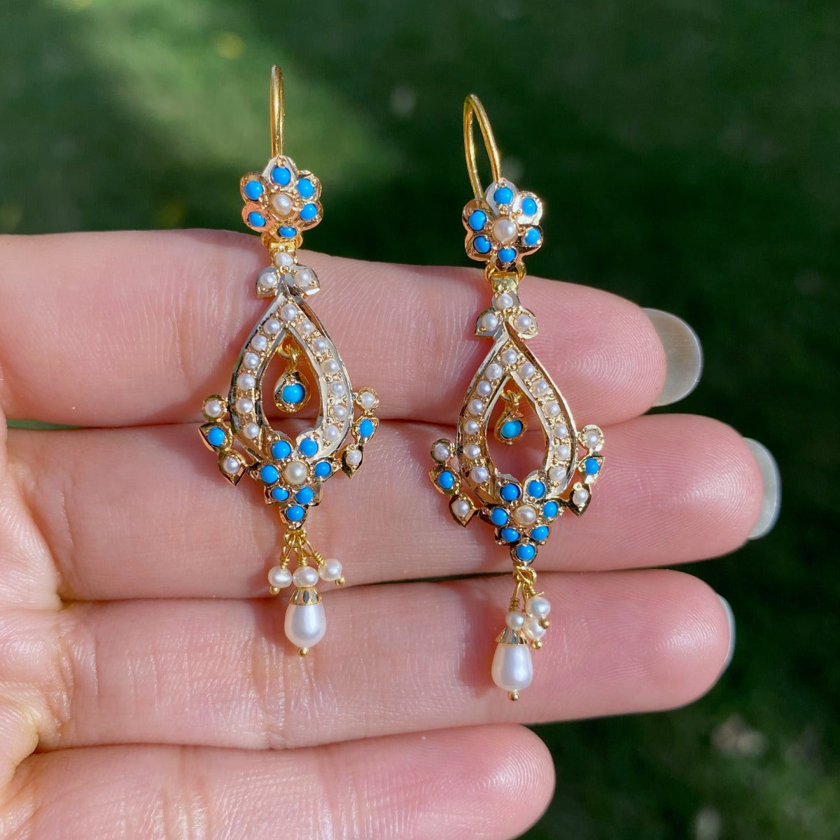 Fish-hook Gold Earrings Set with Pearls & Turquoises GER 042