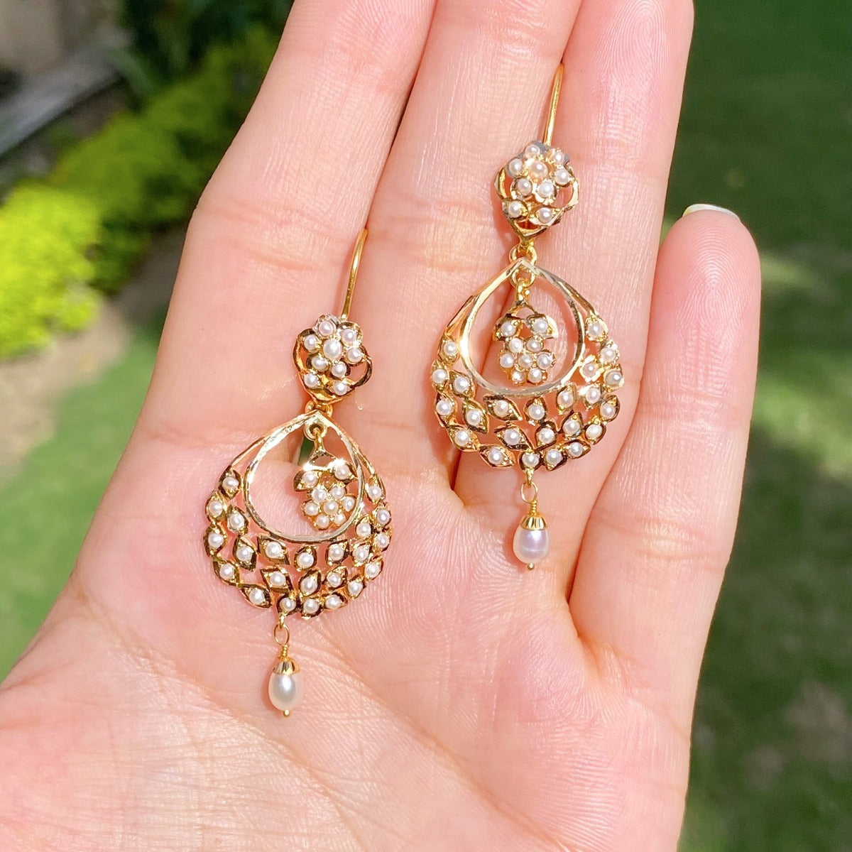 Light Weight Hyderabadi Pearl Chandbali Earrings in 22k Gold Handcrafted using Traditional Jadau Jewelry making Technique GER 049