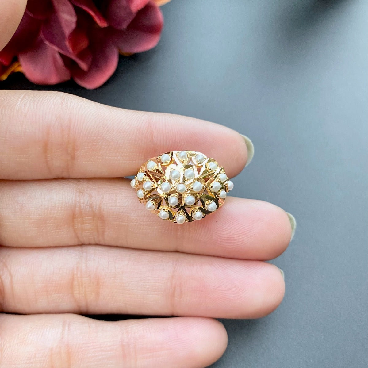 lightweight gold ring with pearls