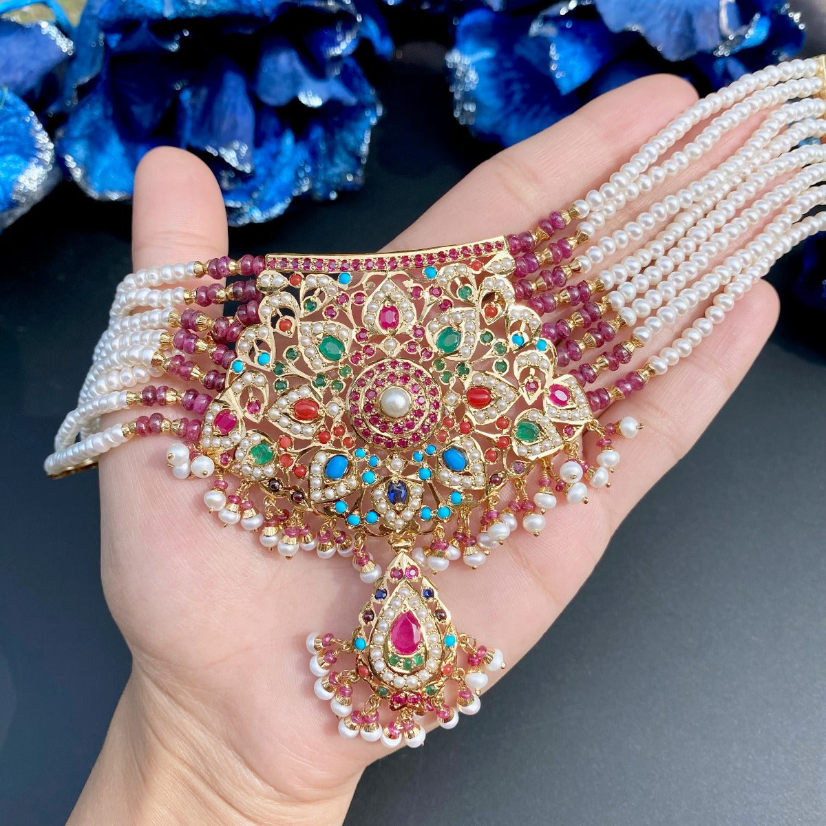 navratna choker necklace with pearls for lehenga
