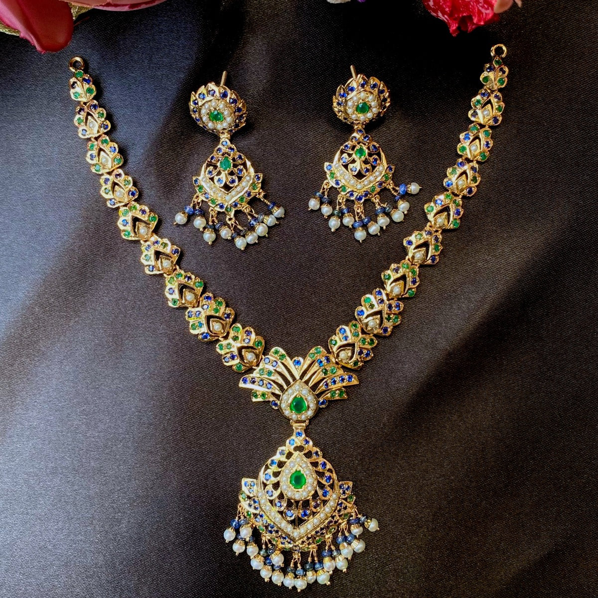 Multicolored Jadau Necklace Set in Gold Plated Silver NS 079