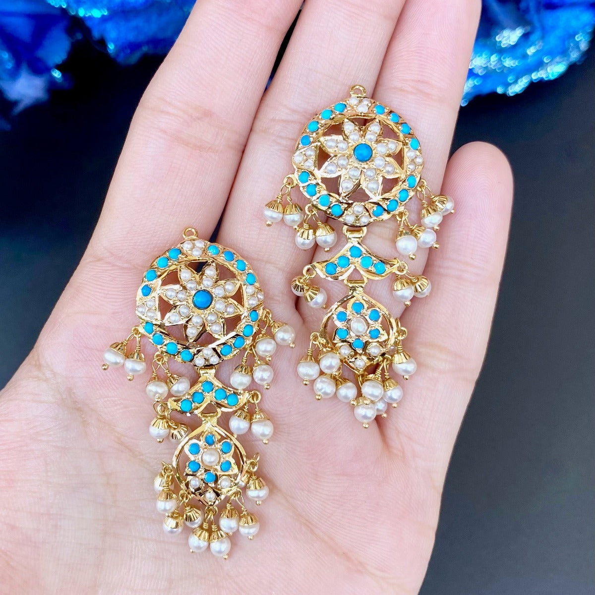 Party Wear 22 carat Gold earrings in pearls and firoza
