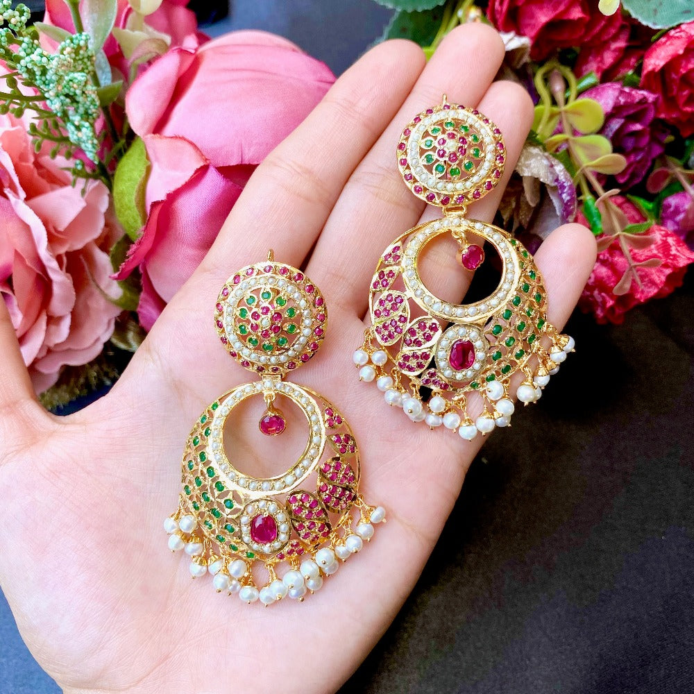 Multicolored Jadau Chandbali Earrings in Gold Plated Silver ER 233
