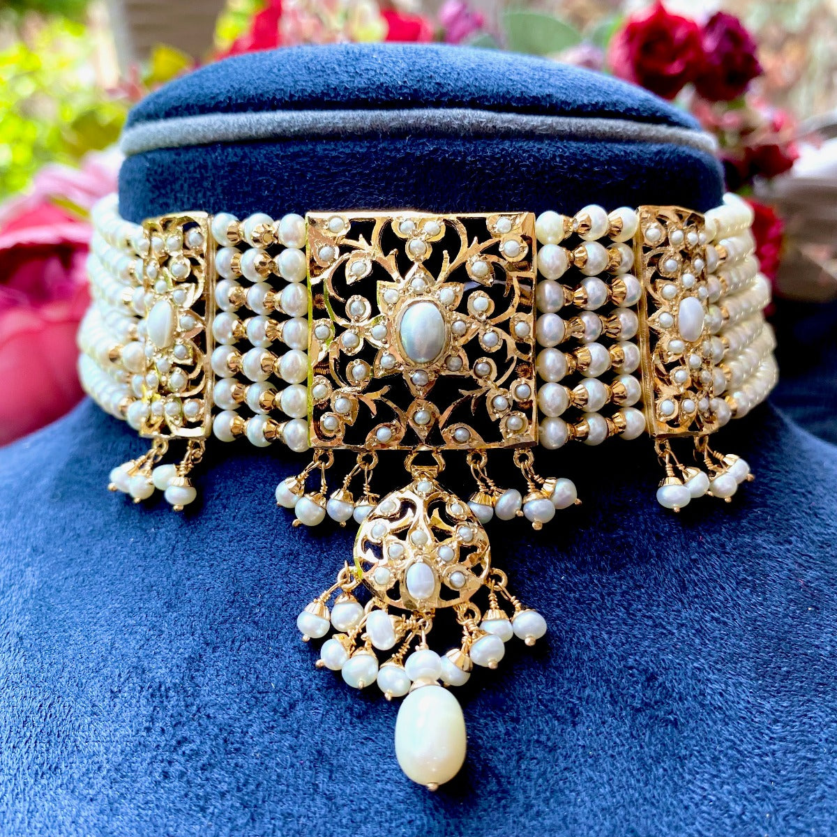 Jadau Choker Necklace Set in Gold Plated Silver Studded with Freshwater Pearls NS 085