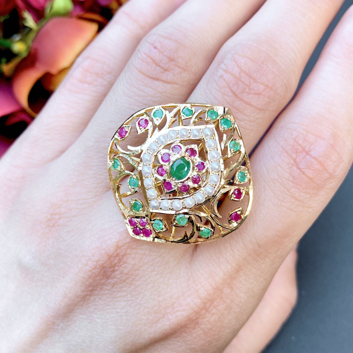 Shop 22K Indian Gold Rings | For Ladies | Ruby Emerald & Pearl