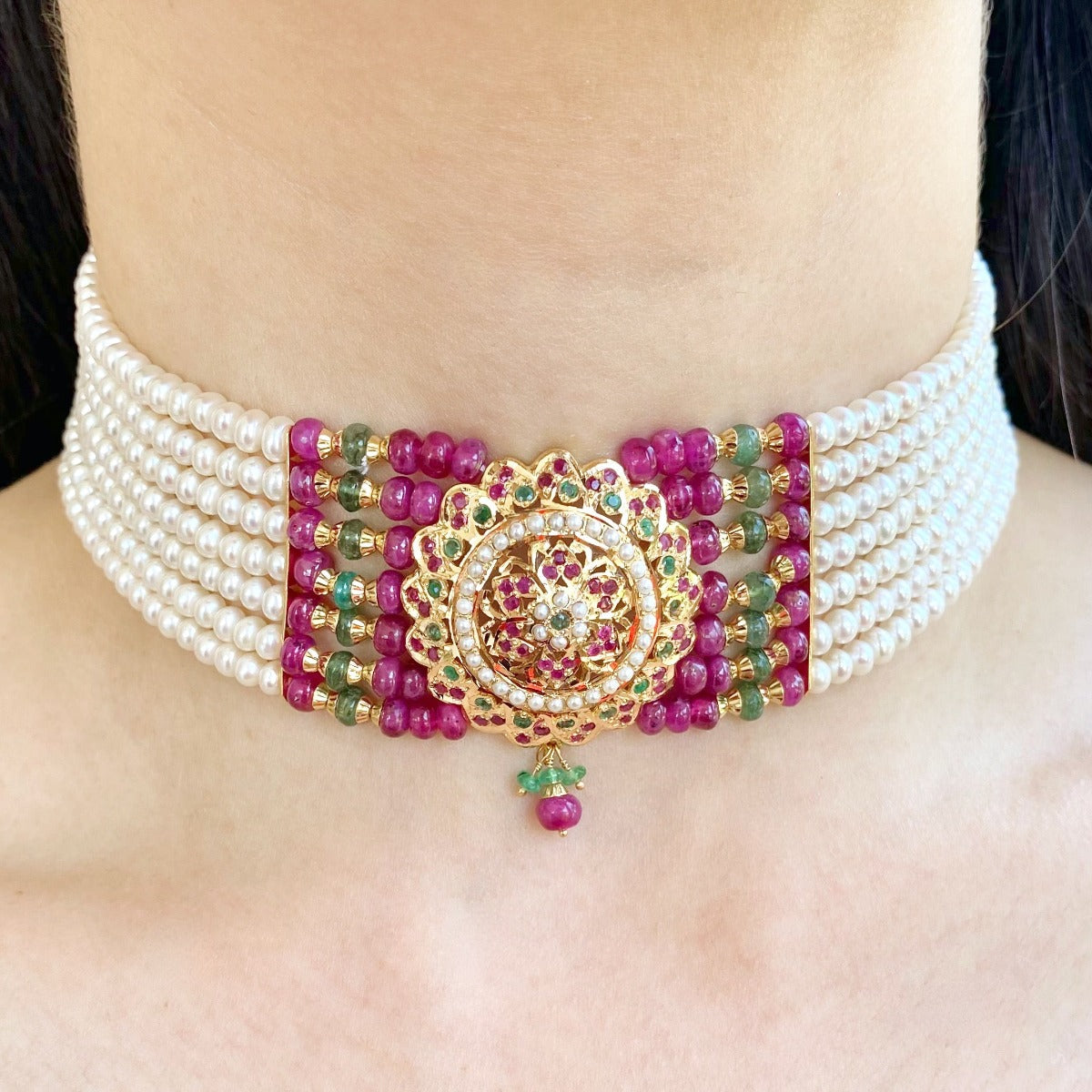 Party Wear Gold choker Set in pearls and ruby emerald