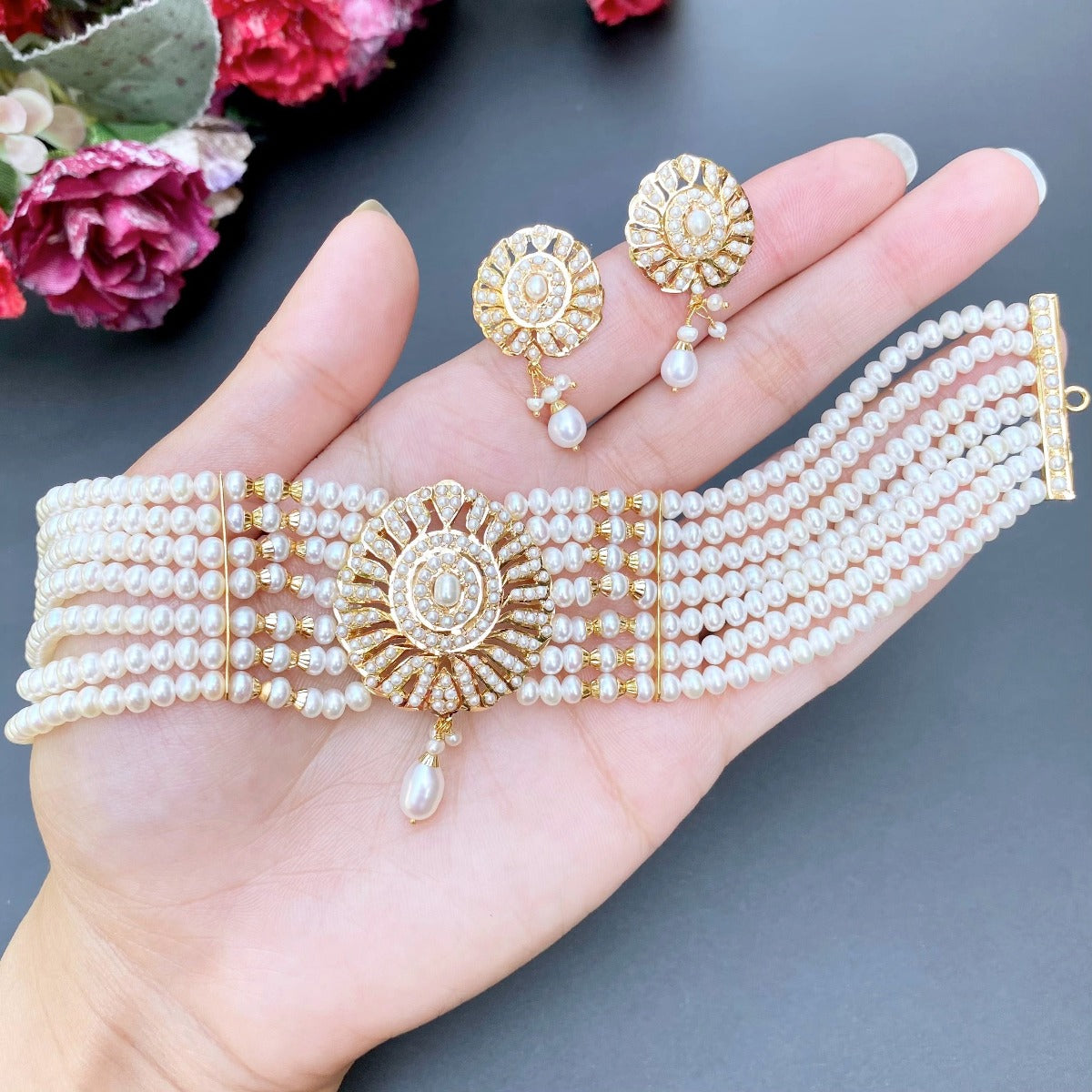 pearl choker set for party wear in 18k carat gold