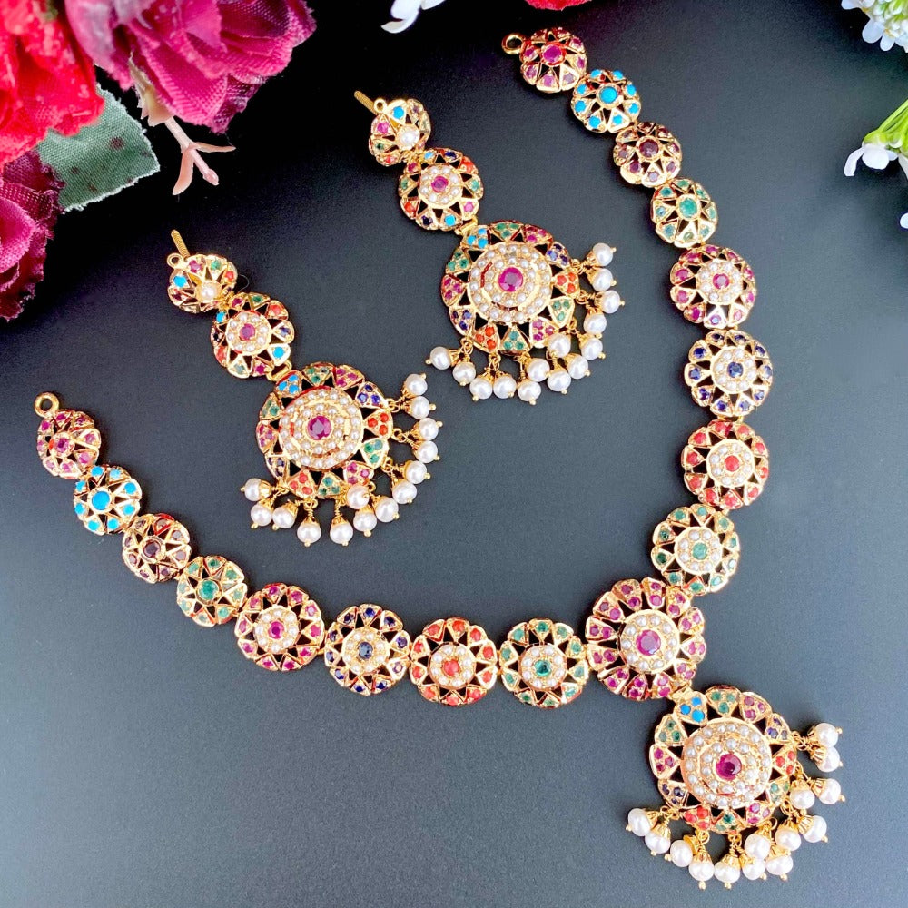 party wear navratna necklace set in 22 carat gold