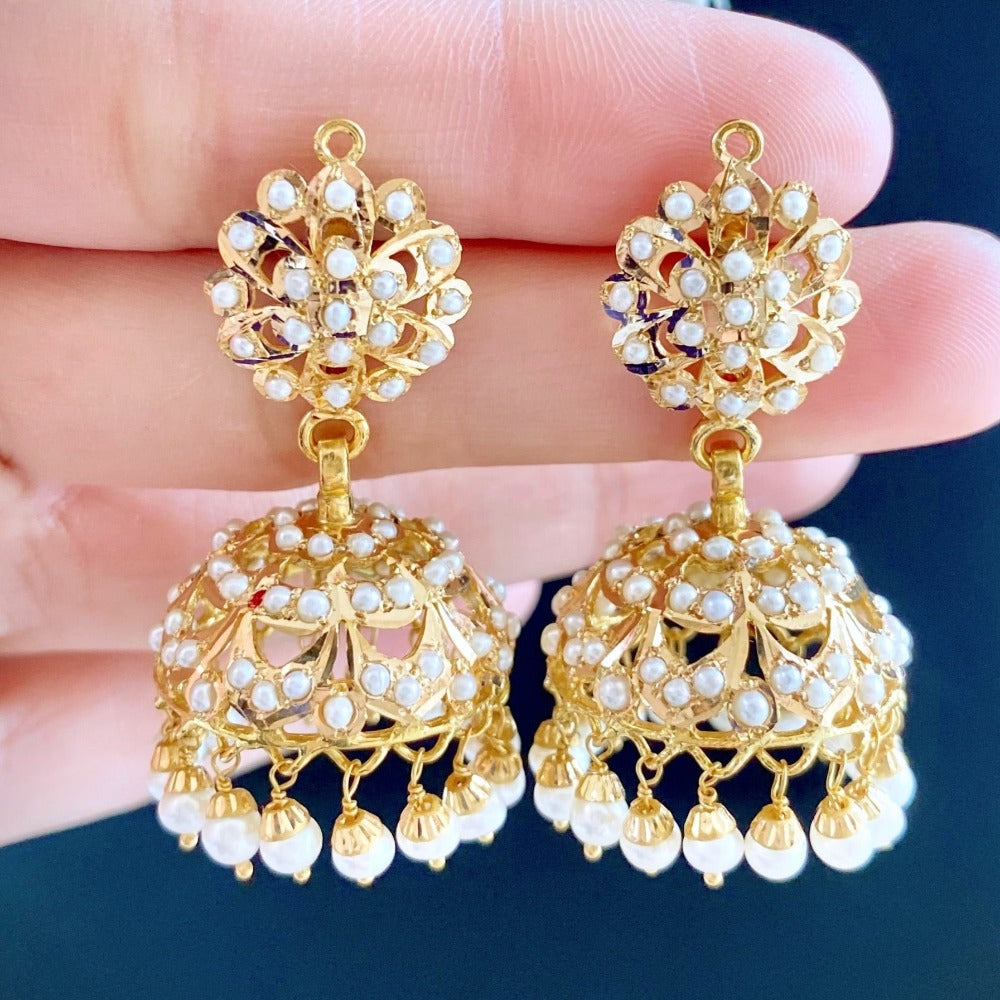 22k Gold Jhumka Earrings in Studded with Pearls, handcrafted using Traditional Jadau Jewelry making Technique GER 015