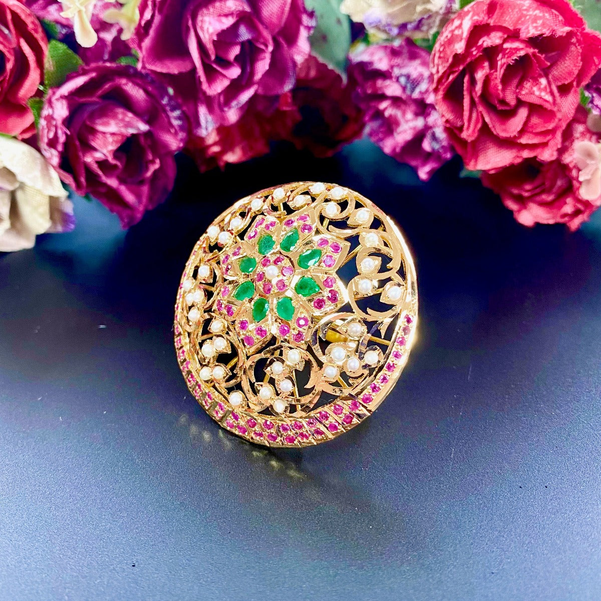 22K Studded Ladies Cocktail Ring Accentuated With Emeralds GLR 028