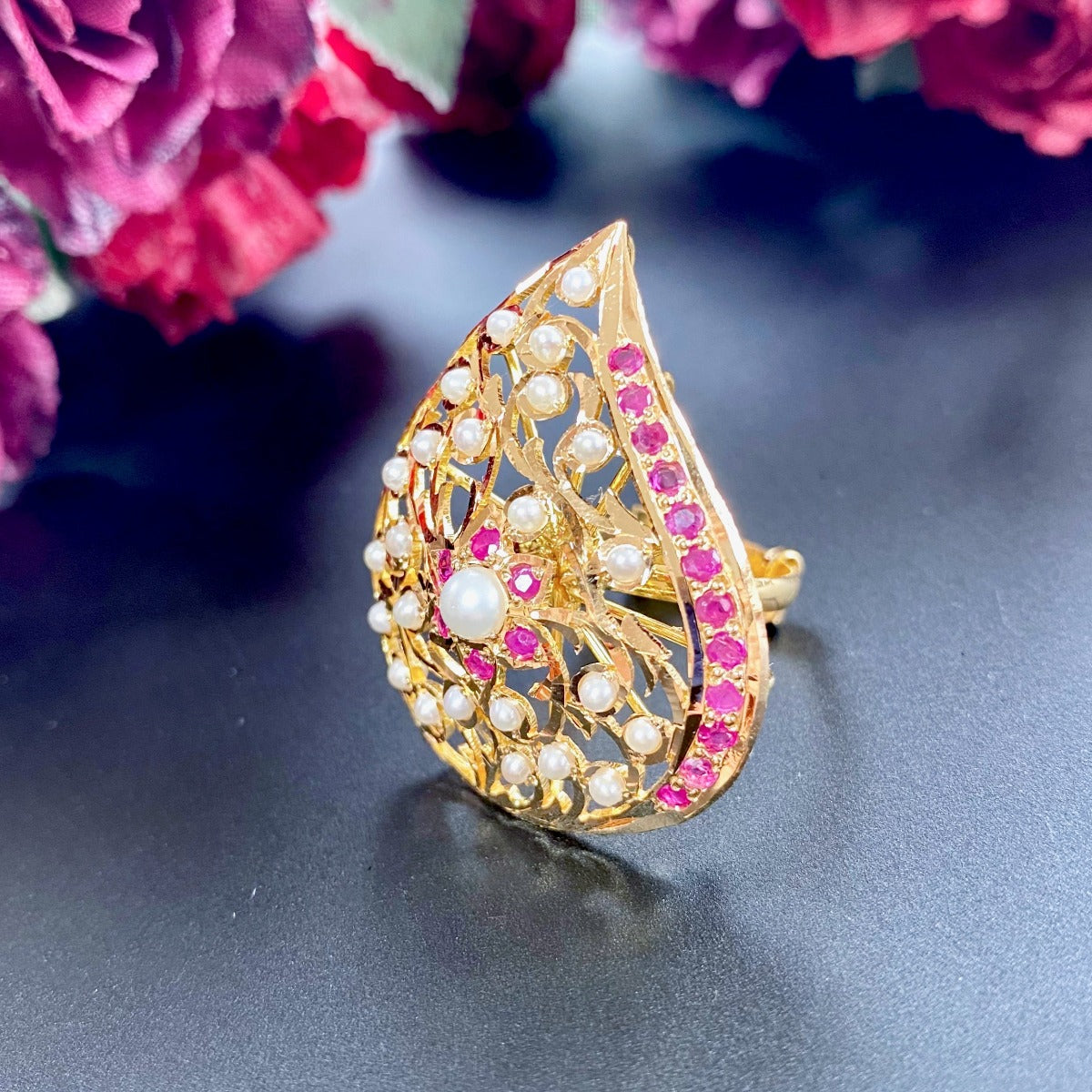 22k Cocktail Ring Studded with Pearls and Rubies GLR 029