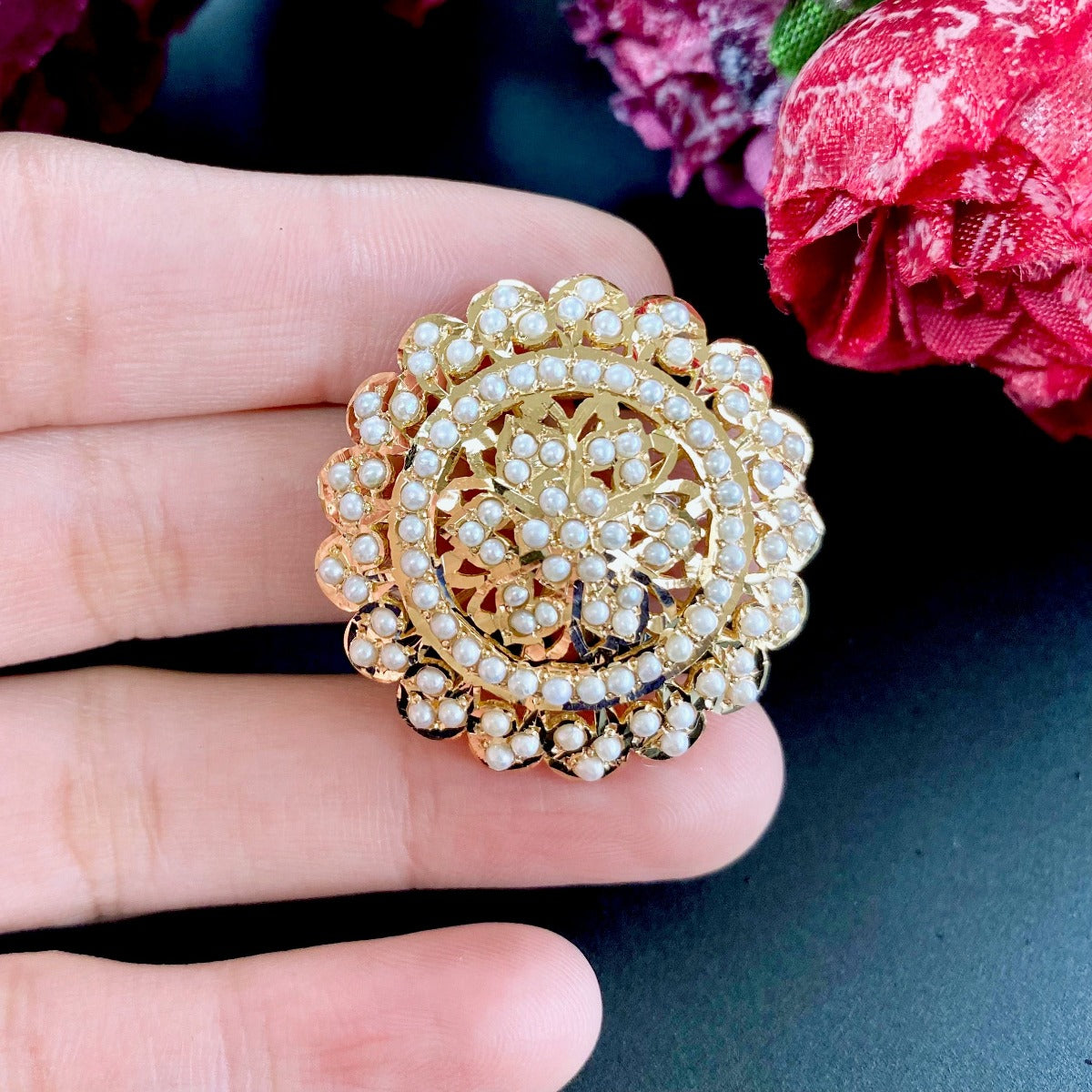 22K Jadau Cocktail Ring Studded With Pearls GLR 030