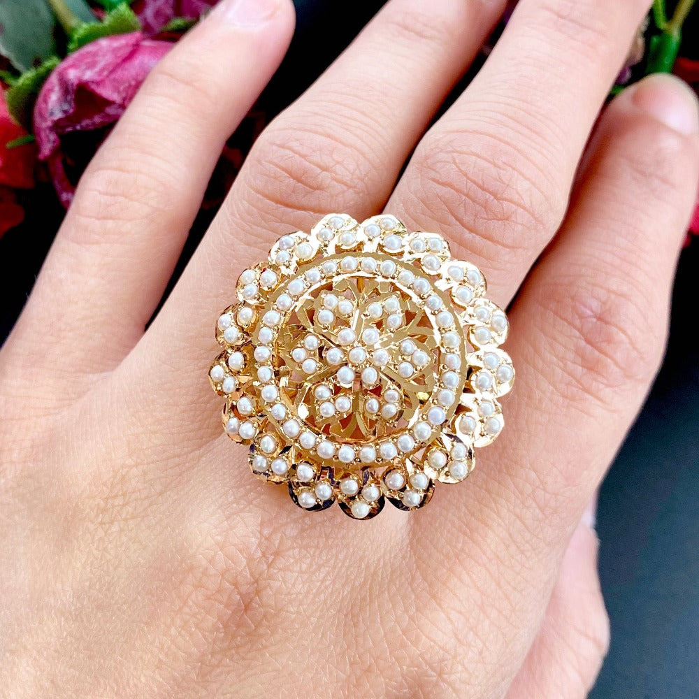 22K Jadau Cocktail Ring Studded With Pearls GLR 030