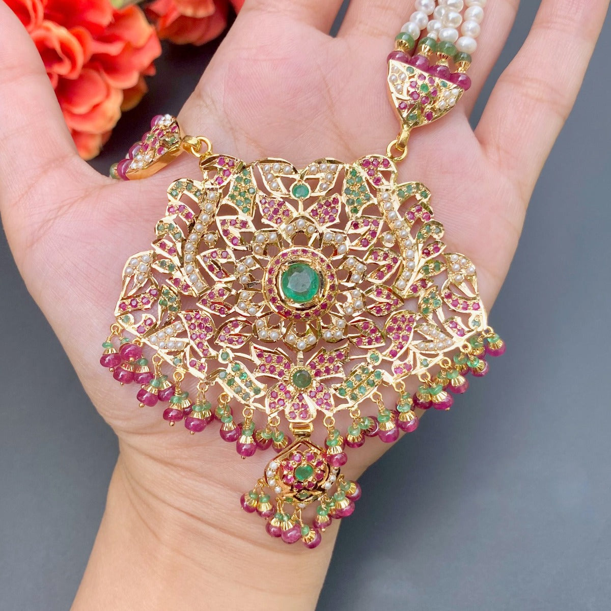 Mughal style Jadau Rani Haar | 22k Gold & Precious Stones GNS 187