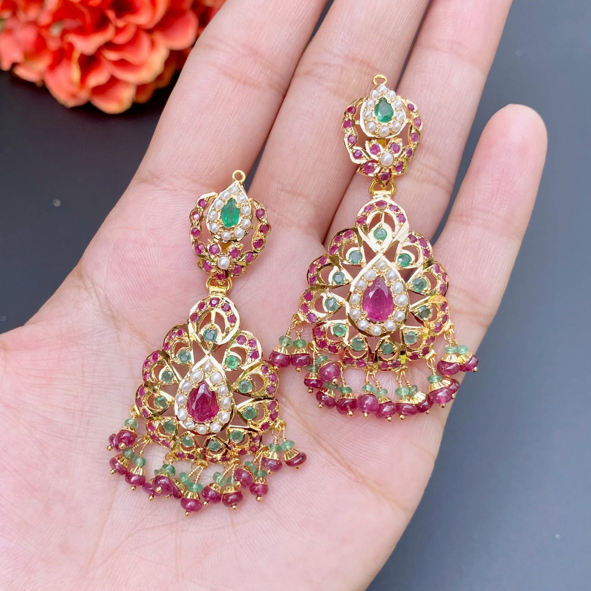 mughal style gold earrings ruby emerald
