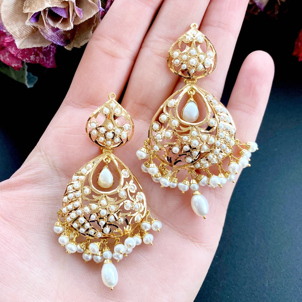 Temple Jewellery - 22K Gold Drop Earrings (Chand Bali) with Cz, Color  Stones & Japanese Pearls - 235-GER11193 in 25.350 Grams