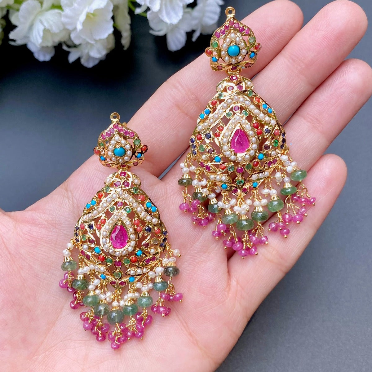 22 carat 22k 18 carat gold earrings in navratna colors