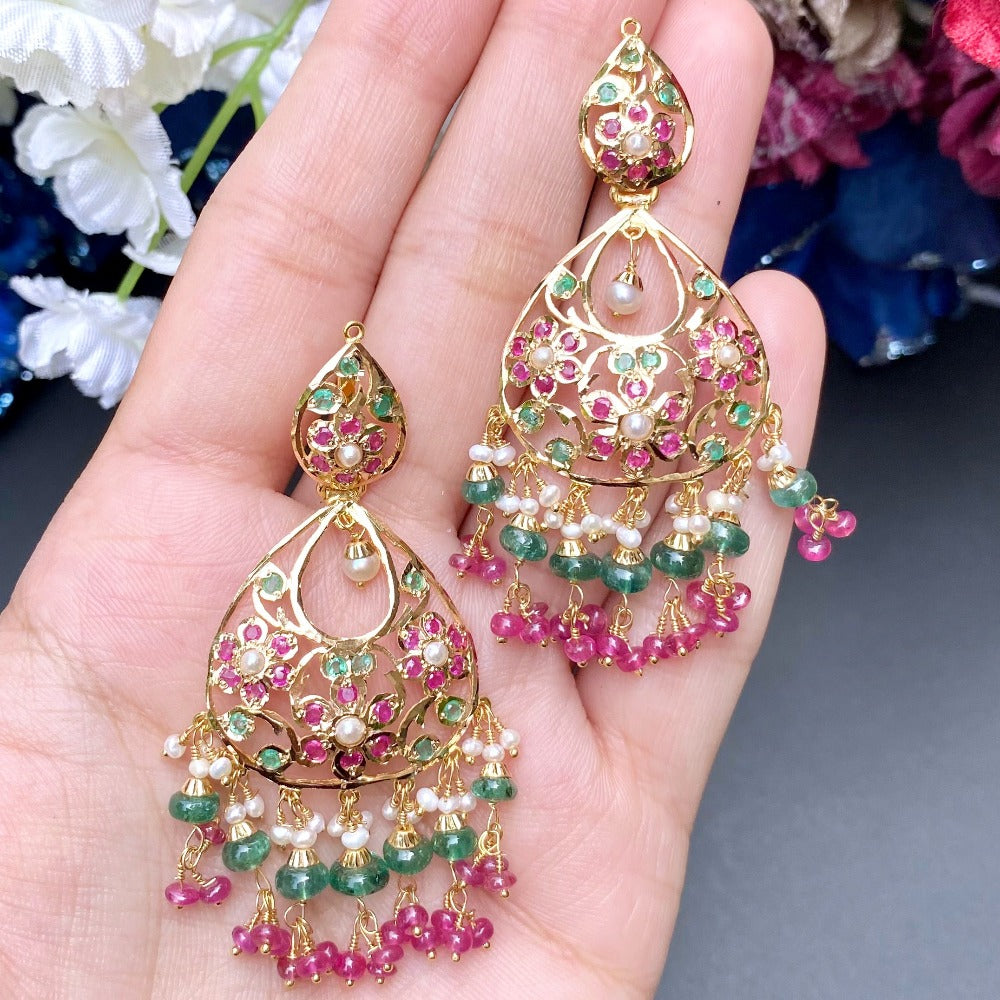 ruby emerald pearl chandbali earrings