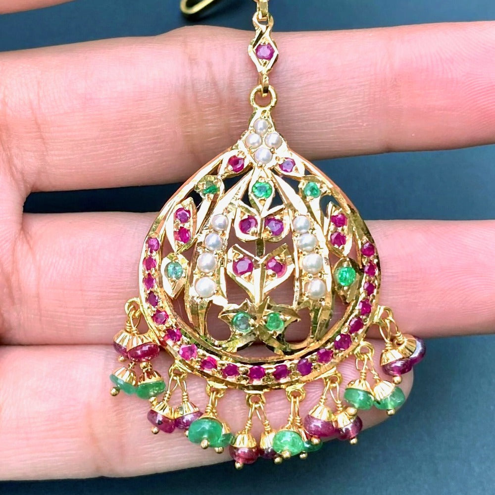 Jadau Mang Teeka in 22k Gold Studded with rubies, emeralds and pearls using Traditional Indian Jadau Jewelry Technique GTK 009