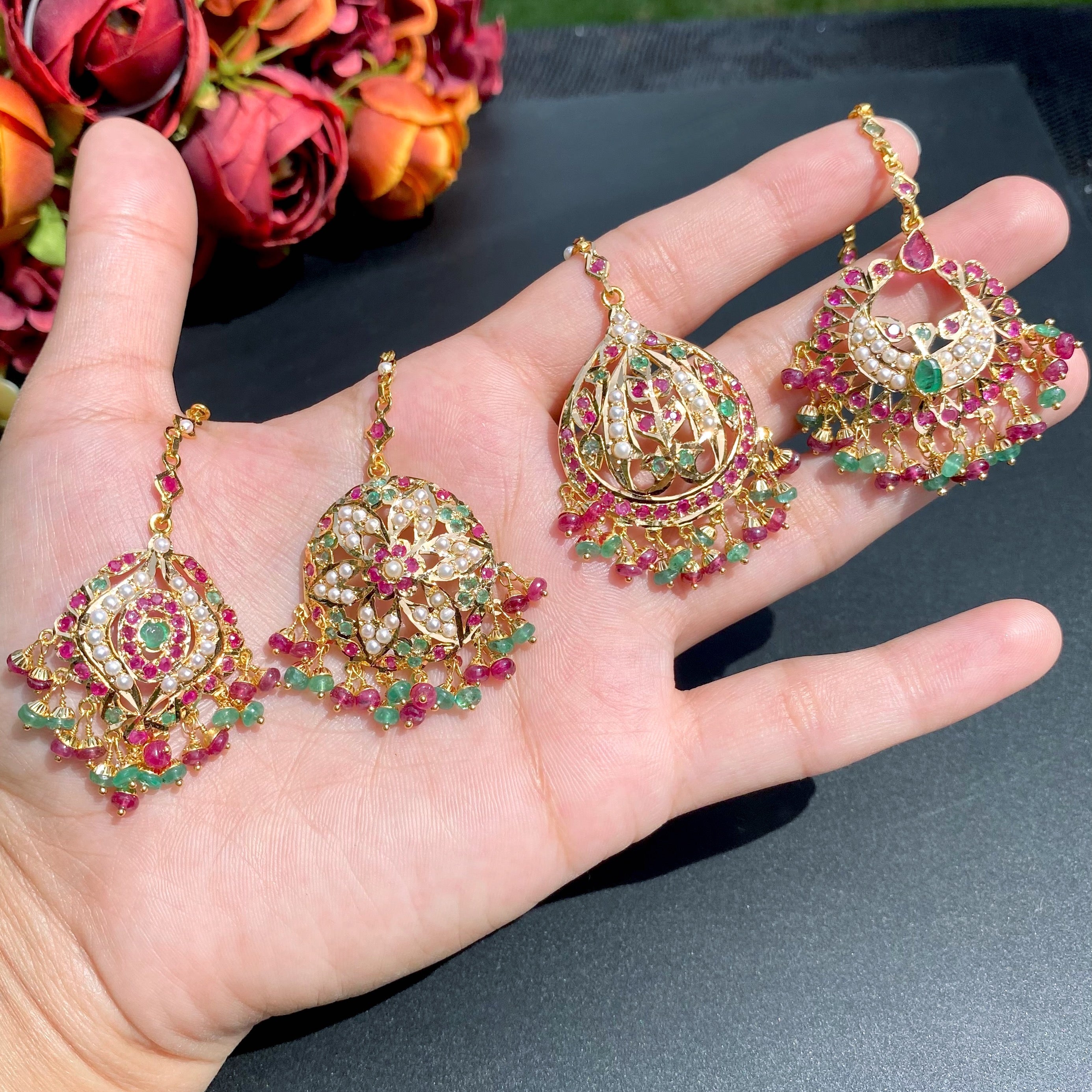 Jadau Mang Teeka in 22k Gold Studded with rubies, emeralds and pearls using Traditional Indian Jadau Jewelry Technique GTK 009