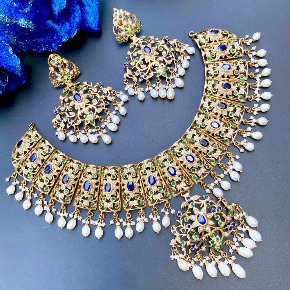 pakistani bridal necklace set with emeralds and neelam sapphire like stones
