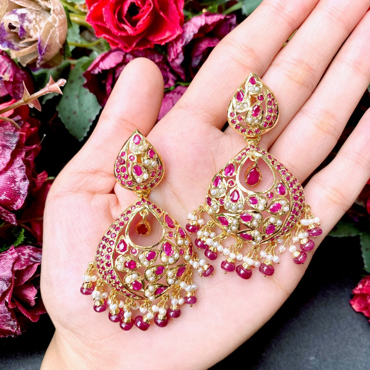 Pearl Ruby Jadau Chandbali Earrings | Gold Plated Silver Jewellery ER 330