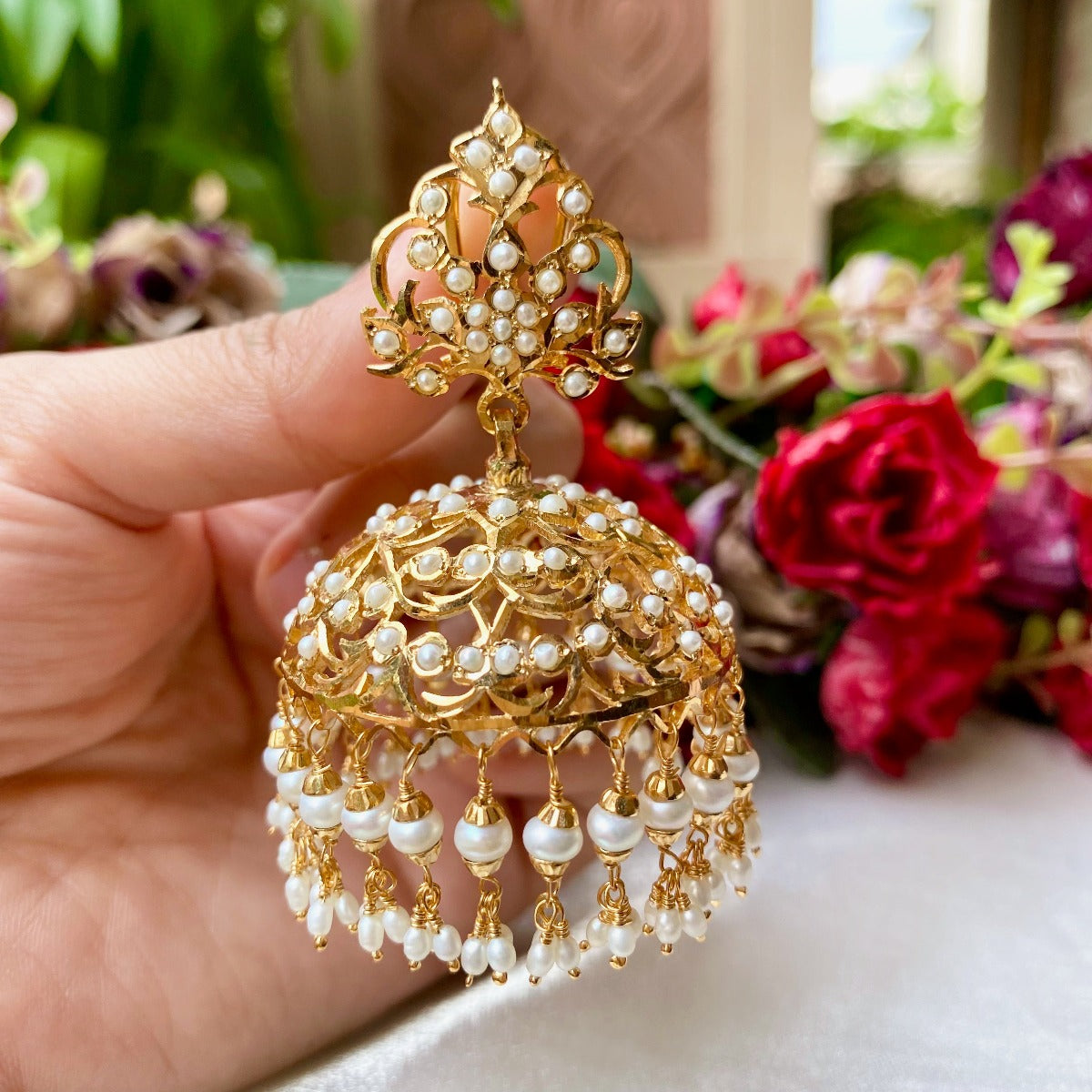 amritsari jarau jhumka in pearls