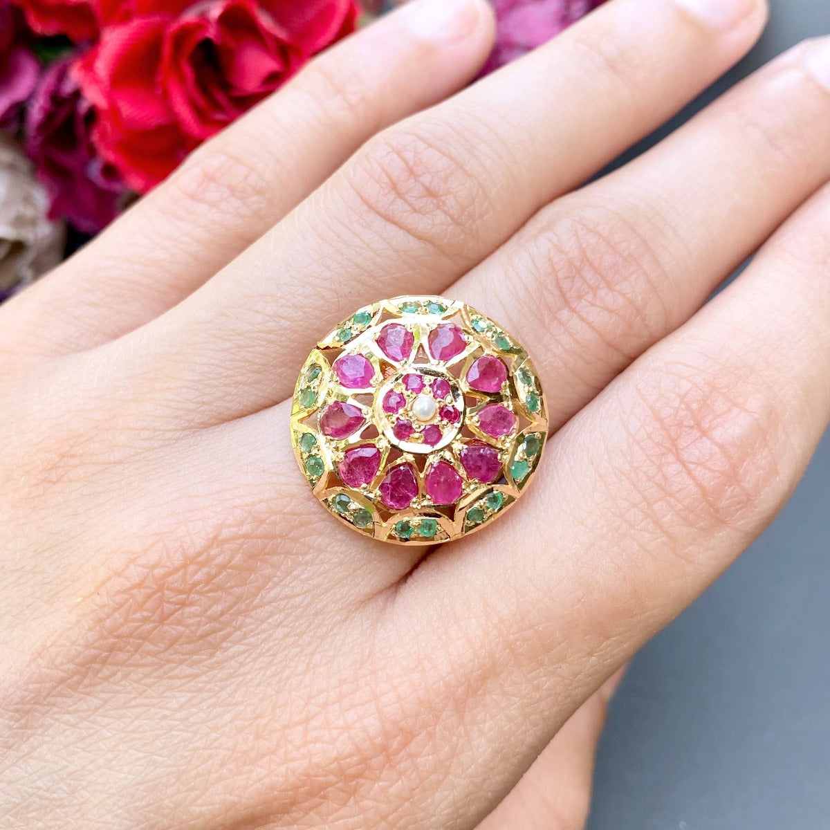 Artful Gold Women Ruby And Emerald Stone Ring